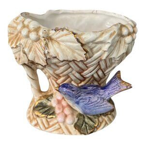 Vintage Norleans Ceramic Bud Vase – Wicker Basket with Bluebird – 4.5 x 3 in – J